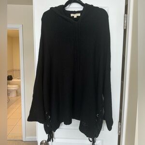 Onetheland Knit Hooded Poncho Sweater with Lace Up Grommet Side Detail in Black